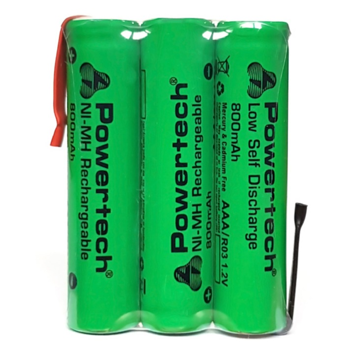 Set 3 baterii reincarcabile, PowerTech, 800 mAh, AAA HR03, 3.6 V