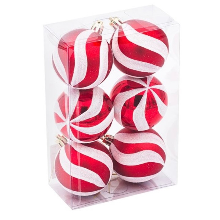 Set 6 globuri pentru bradul de Craciun, rosu/alb, 6 cm