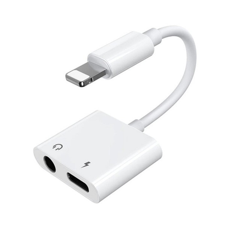 Apple iPhone 14 Plus / iPhone 14 Pro / iPhone 14 Joyroom audió adapter és töltő (elosztó, lightning 8pin - lightning 8pin / 3.5mm jack aljzat) fehér, S-Y104_LIGHTNING-3.5JACK, gyártói csomagolás