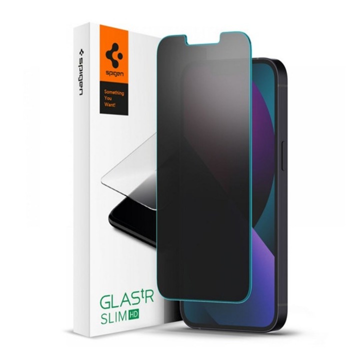 Spigen képernyővédő üveg, 2.5d, betekintés védelem, ultravékony, 0.2mm, 9h, átlátszó, kompatibilis: Apple iPhone 13 Pro / iPhone 13 / iPhone 14