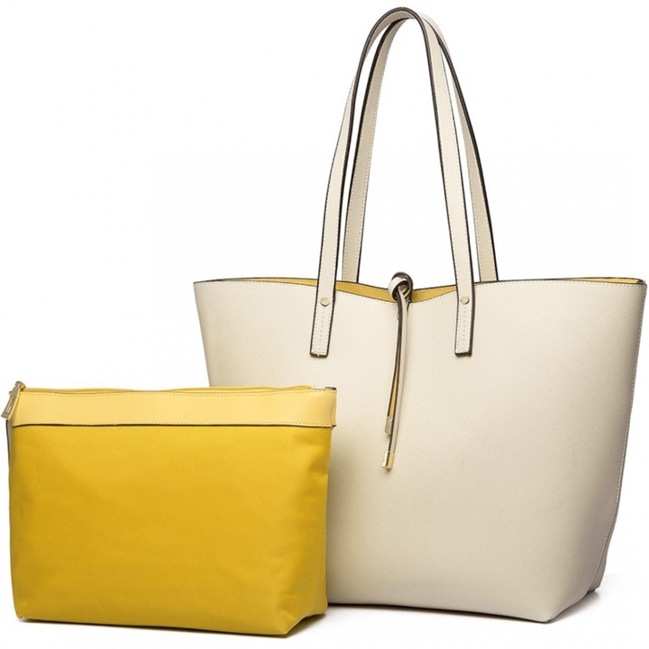 Geanta pentru femei, din piele ecologica, reversibila, cu poseta inclusa, Miss Lulu LT6628-1BG Bej