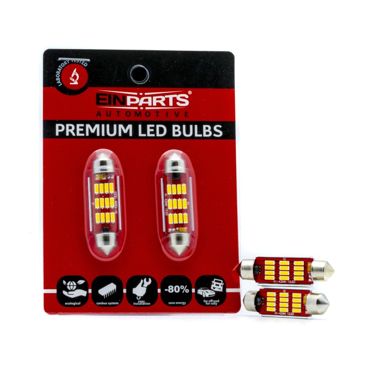 Set 2 becuri auto LED, EinParts Automotive, C10W, 5000K, 12 leduri, CANbus, 12/24V, 42 mm, Lumina alba