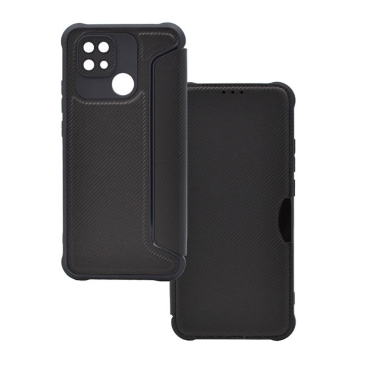 Tok álló, bőr hatású (FLIP, oldalra nyíló, légpárnás sarok, kamera védelem, karbon minta) FEKETE Xiaomi Redmi 10C