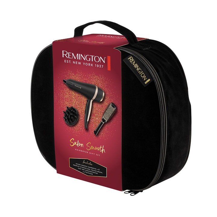 Set uscator de par Remington D6940GP, geanta de depozitare, perie rotunda, concentrator si difuzor, 2100W, Negru