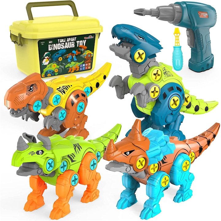 Pitikot gyermek dinoszaurusz-összeszerelő készlet tárolódobozzal, elektromos fúró- és menetvágó géppel, DIY oktató STEM építőkészlet, fiúknak és lányoknak, 3-8 éves korig