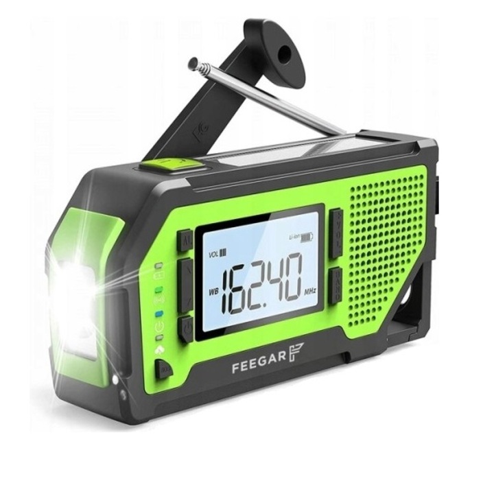 Radio de turistic Feegar, FM, solar, lanterna, powerbank 2000mAh, 159 x 47 x 81 mm, 310 g, Verde/Negru
