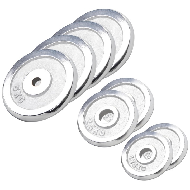 Set de 8 discuri cromate, Gorilla Sports, 27.5 kg, 2 x 1.25 kg, 2 x 2.5 kg, 4 x 5 kg, 30/31 mm