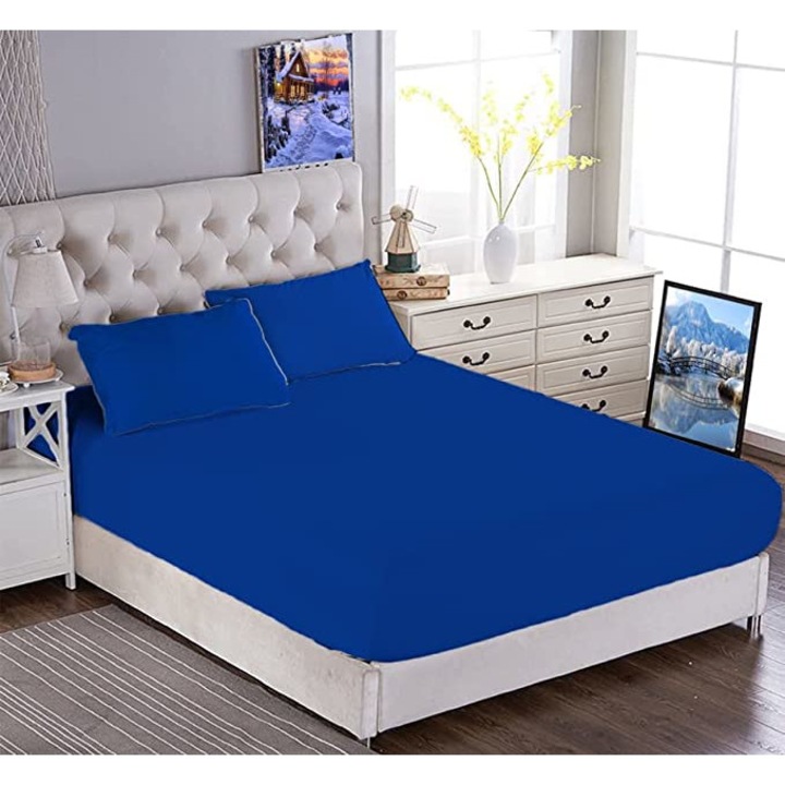 Cearceaf de pat cu elastic din bumbac ranforce 100% 260 x260 cm bleu