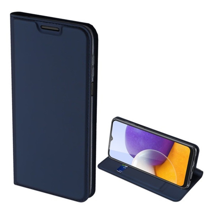 Samsung Galaxy M22 (SM-M225F) / Galaxy A22 4G (SM-A225) Dux ducis skin pro tok álló, bőr hatású (flip, oldalra nyíló, bankkártya tartó, asztali tartó funkció) sötétkék, GP-108578, gyártói csomagolás