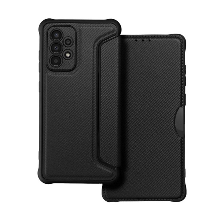 Gigapack mobiltelefon tok álló, bőr hatású, flip, oldalra nyíló, ütésállóság, légpárnás sarok, kameravédő, karbon minta, fekete, kompatibilis: Samsung Galaxy A52s 5G, SM-A528, / Galaxy A52 4G, SM-A525F, / Galaxy A52 5G, SM-A526F