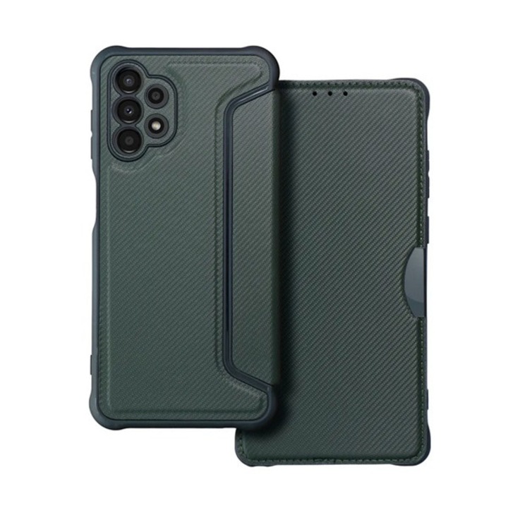 Gigapack mobiltelefon tok álló, bőr hatású, flip, oldalra nyíló, ütésállóság, légpárnás sarok, kameravédő, karbon minta, sötétzöld, kompatibilis: Samsung Galaxy A13 4G, SM-A135F / A137F