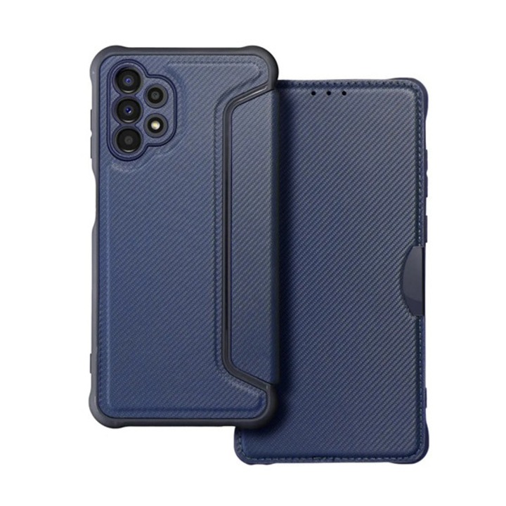 Gigapack mobiltelefon tok álló, bőr hatású, flip, oldalra nyíló, ütésállóság, légpárnás sarok, kameravédő, karbon minta, sötétkék, kompatibilis: Samsung Galaxy A13 4G, SM-A135F / A137F