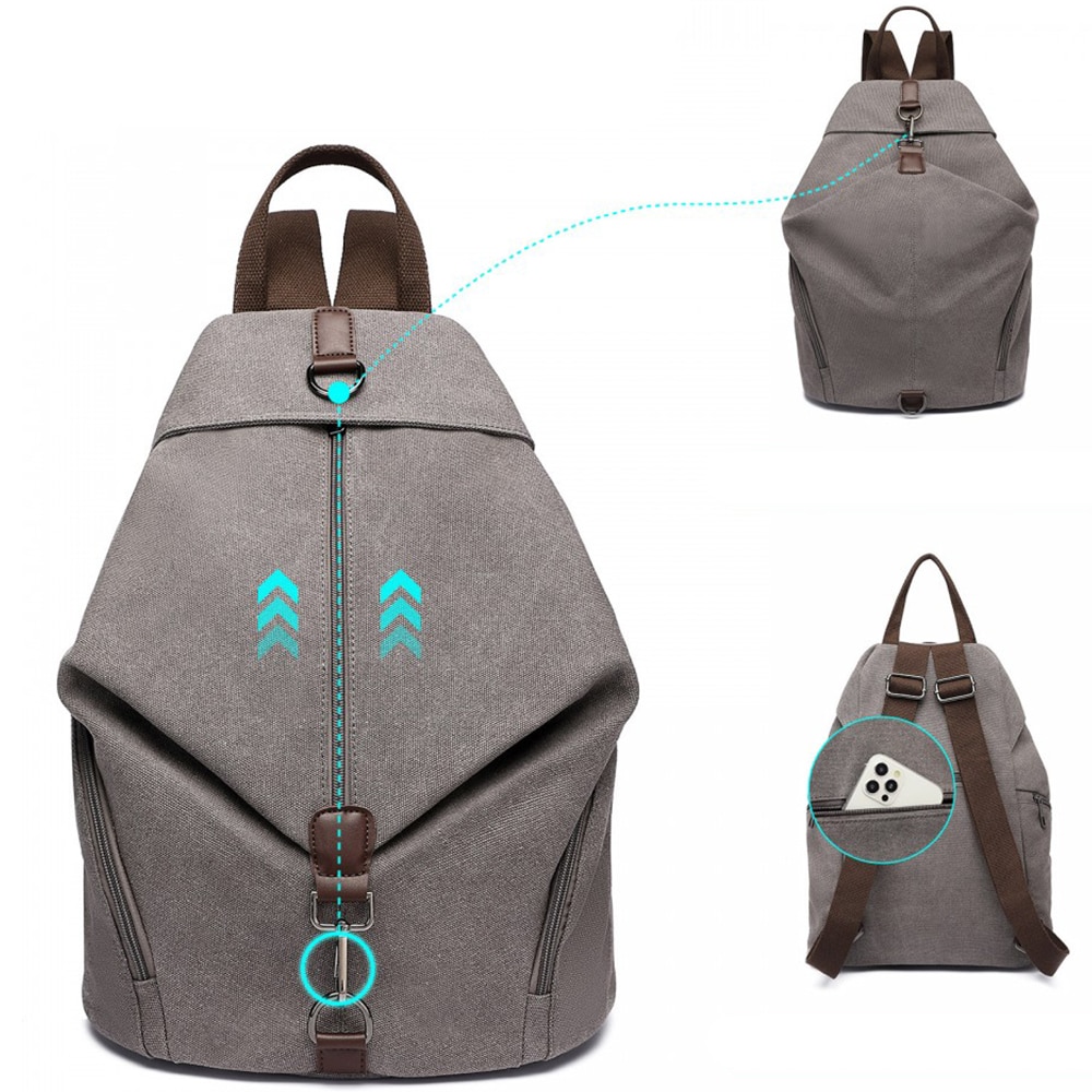 Rucsac pentru dame, din panza, antifurt, KONO, EB2044GY, Gri