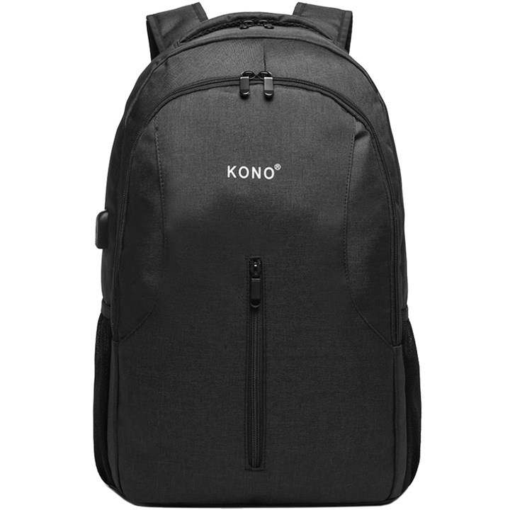 Rucsac smart unisex, din poliester cu port USB, Kono E6904BK Negru