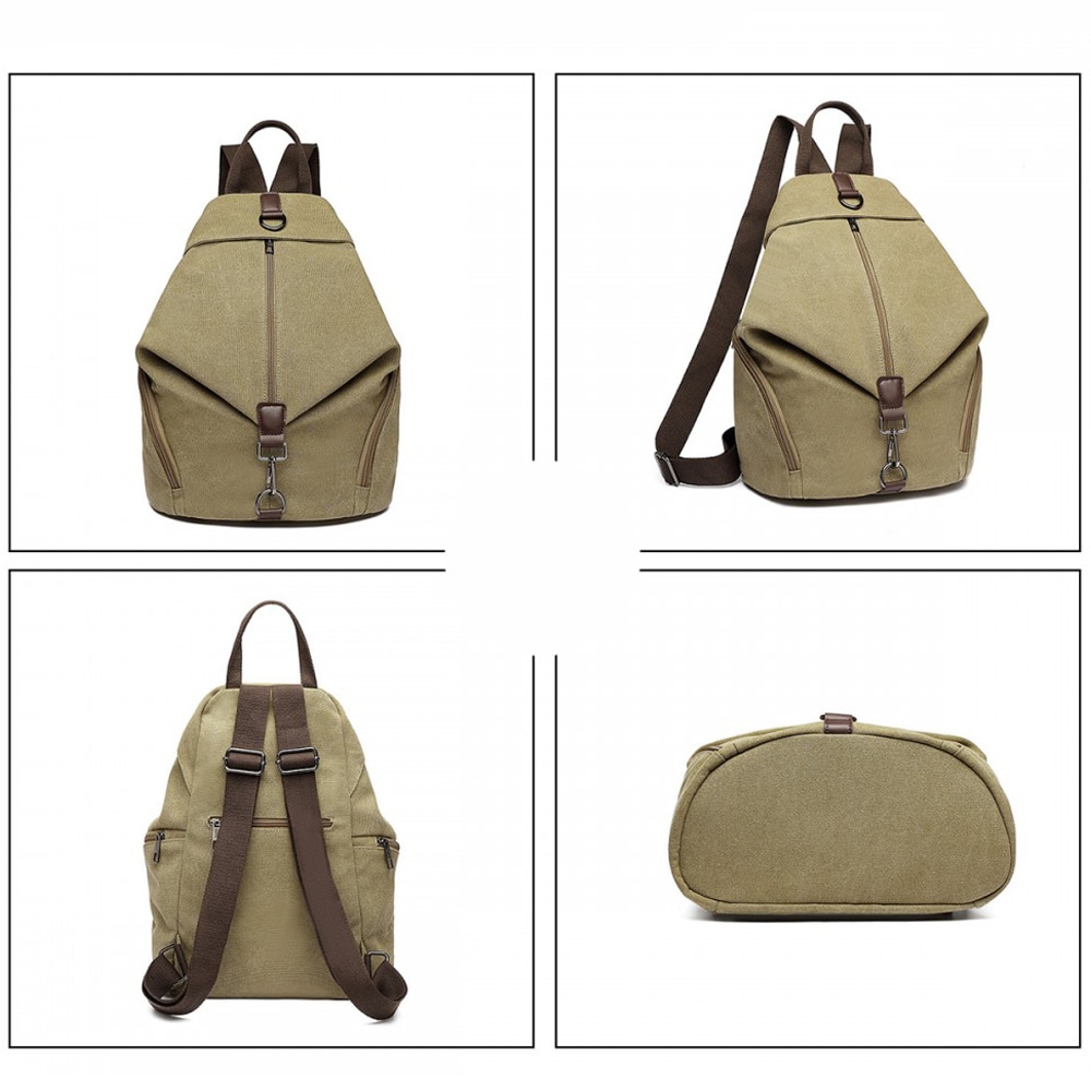 Rucsac pentru dame, din panza, antifurt, KONO, EB2044KI, Khaki