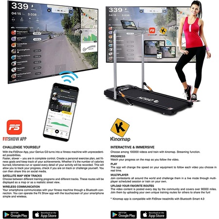 Banda de alergat electrica Orion Genius G3, 100% pliabila, conexiune buletooth Kinomap, Fitshow, Zwift, telecomanda, putere maxima motor 2 CP greutate maxima suportata 100 kg