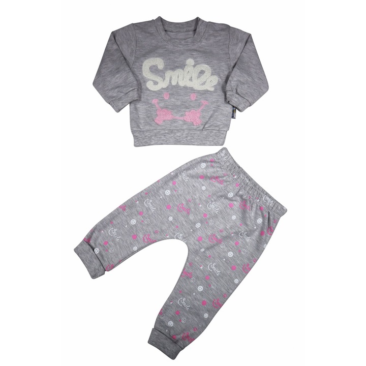 Compleu "Smile" 2 Piese Bluza Maneca Lunga Si Pantaloni Lungi 100% Bumbac, Gri