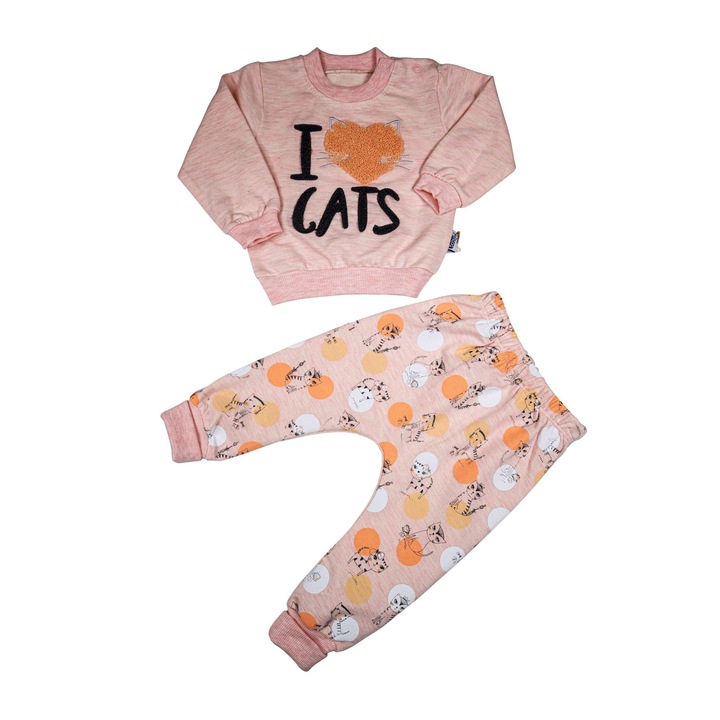 Compleu Bebelusi "I Love Cats" 2 Piese Bluza Maneca Lunga Si Pantaloni Lungi 100% Bumbac, Coral