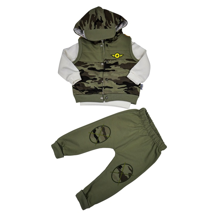 Compleu Baieti "Little Soldier" 3 Piese Vesta,Bluza Maneca Lunga Si Pantaloni Lungi 100% Bumbac, Kaki