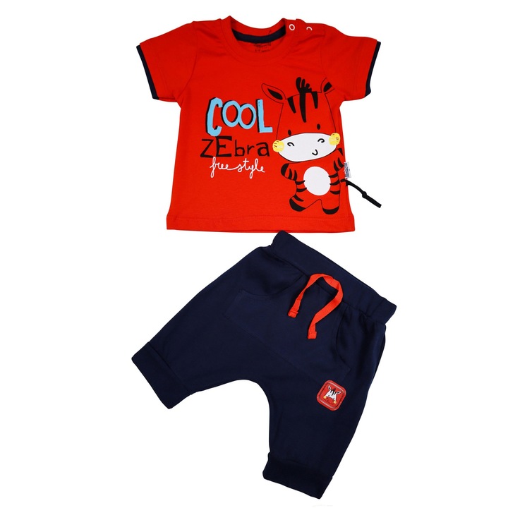 Compleu Baieti "Cool Zebra" 2 Piese Tricou Maneca Scurta Si Pantaloni Scurti 100% Bumbac, Rosu