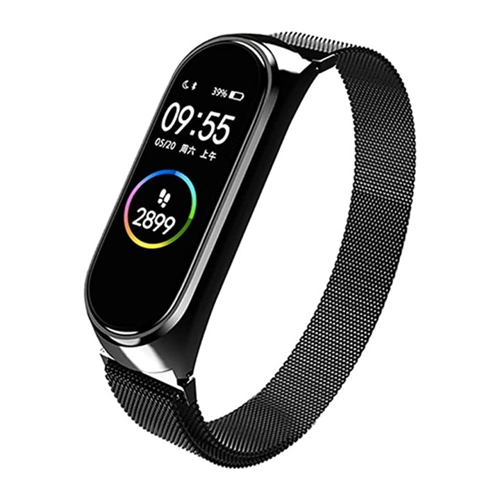 Curea Ceas SmartWatch pentru Xiaomi Mi Band 5 / 5 NFC, Xiaomi Mi 6 / 6 NFC, Stainless Steel Strap, Metal Design, Bratara Magnetica, Comfy to Wear, Easy to install, Negru