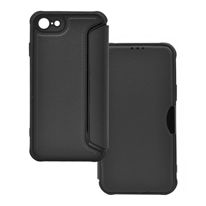 Gigapack mobiltelefon tok álló, bőr hatású, flip, oldalra nyíló, ütésállóság, légpárnás sarok, kameravédő, karbon minta, fekete, kompatibilis: Apple iPhone SE 3, 2022, / iPhone SE 2, 2020, / iPhone 8 4.7