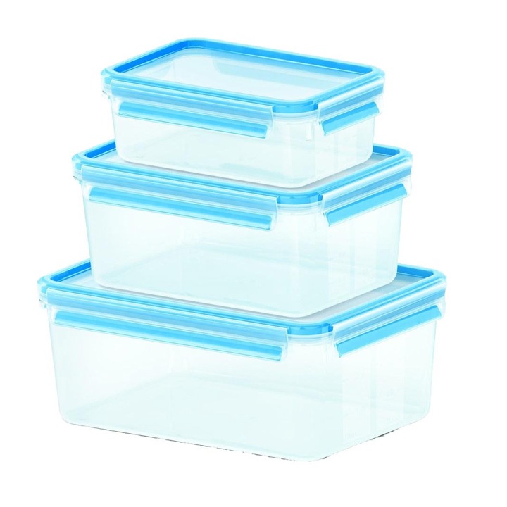 Set 3 Caserole cu capac Clip&Close 1/2.3/3.7 L, Emsa, Plastic, Transparent/Albastru