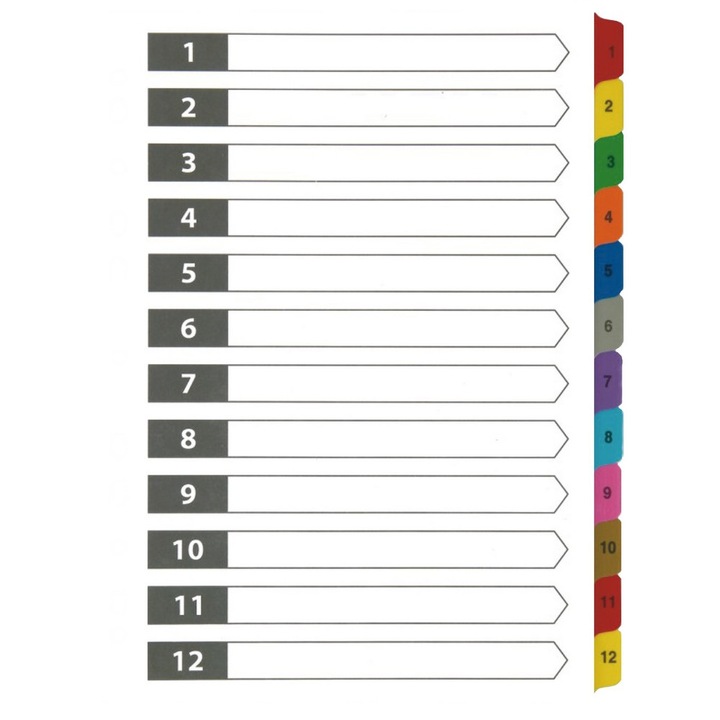 Separatoare numerotate, D.RECT, A4, 1-12, Multicolor