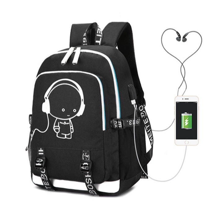 AlexVerity intelligens hátizsák, USB port és fejhallgató csatlakozó, kábelek mellékelve, 2 cipzár, vízálló, 44 x 30 x 15 cm, fekete