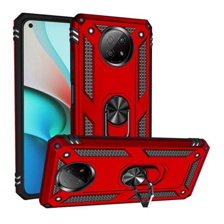 Xiaomi Redmi Note 9T 5G / Redmi Note 9 5G Gigapack defender műanyag telefonvédő (közepesen ütésálló, szilikon belső, telefontartó gyűrű, beépített fémlemez) piros, gigapack csomagolás