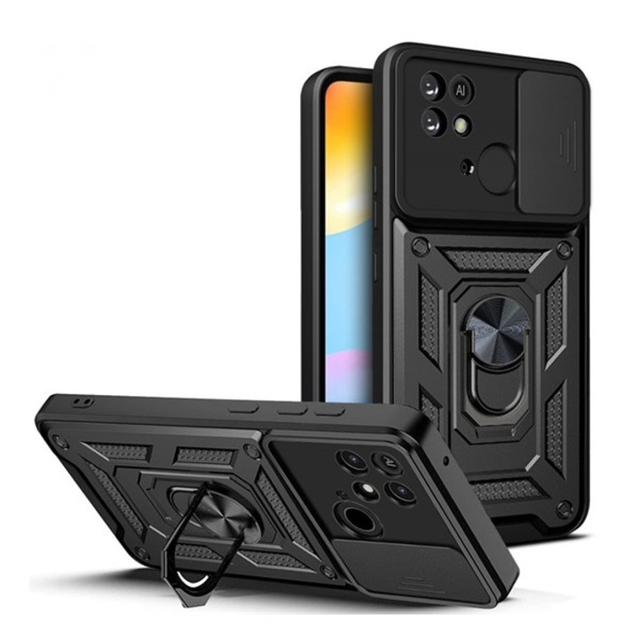 Gigapack defender szilikon mobiltelefon tok, ütésállóság, tartógyűrű, kameravédő, fekete, kompatibilis: Xiaomi Redmi 10C