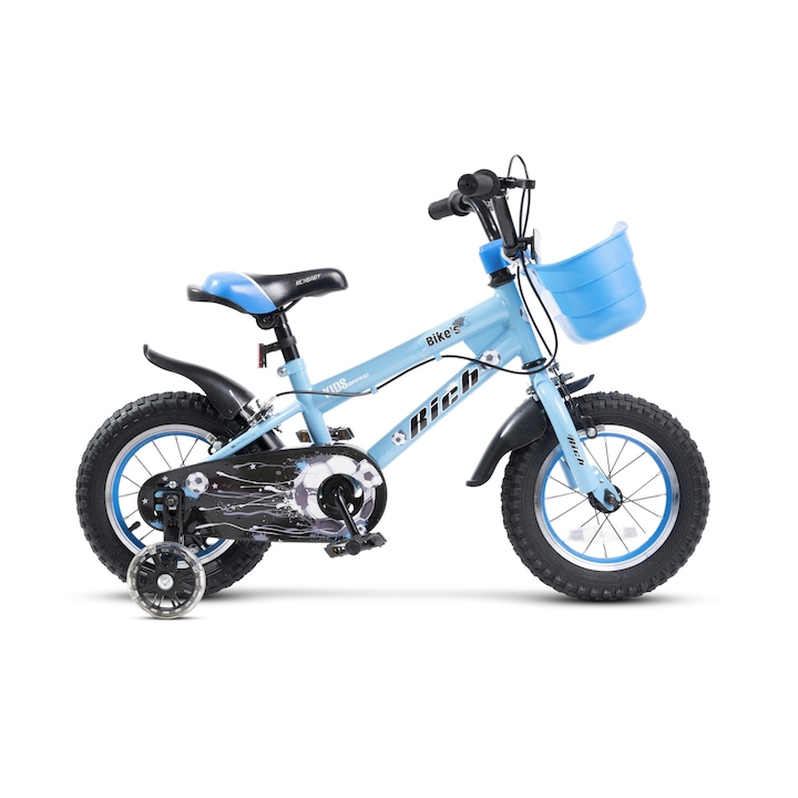 Bicicleta copii 3-5 ani Kids BMX Rider JSX1407, roti 14", frane C-Brake, cauciucuri late tip MTB, roti ajutatoare cu led, albastru cu alb
