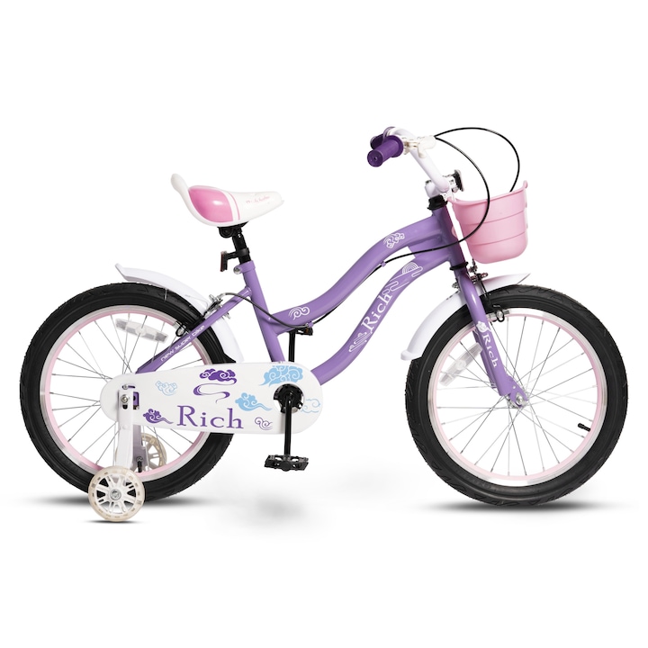 Bicicleta copii 5-8 ani Kids BMX Princess JSX1808, roti 18", frane C-Brake, cauciucuri late tip MTB, roti ajutatoare cu led, mov cu alb