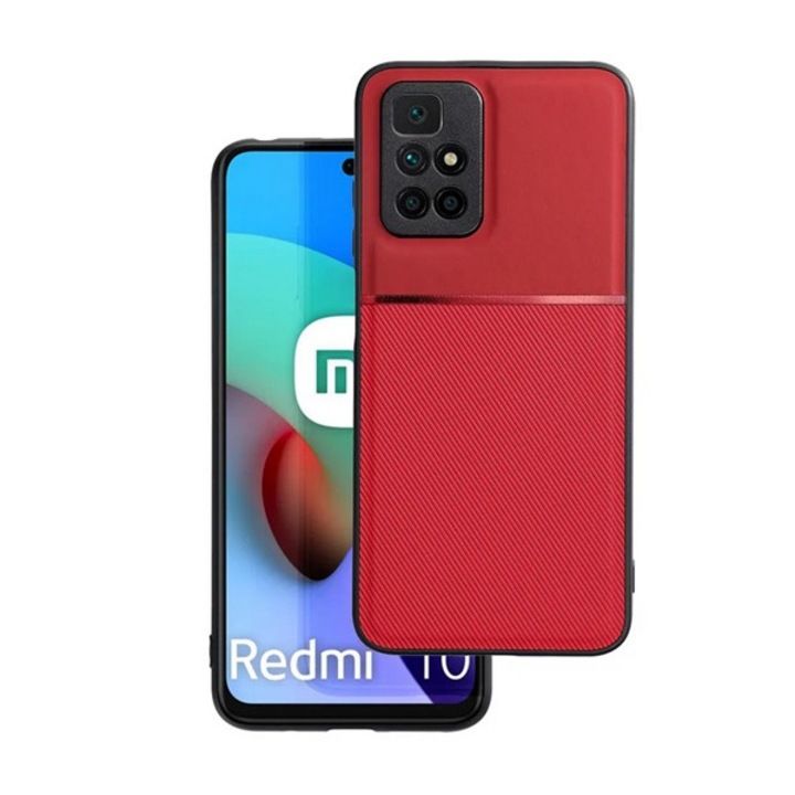 Xiaomi Redmi 10 (2022) / Redmi 10 (2021) Gigapack műanyag telefonvédő (szilikon keret, közepesen ütésálló, beépített fémlemez, bőr hatású hátlap, csíkos minta) piros, gigapack csomagolás
