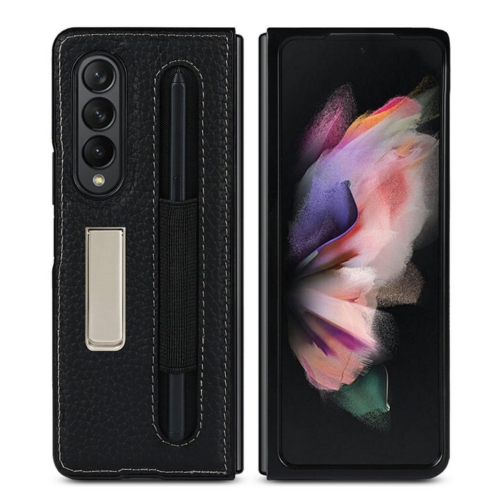 Samsung Galaxy Z Fold3 5G (SM-F926) Gigapack műanyag telefonvédő (valódi bőr hátlap, ütésállóság, asztali tartó, varrás minta + ceruza tartó) fekete, gigapack csomagolás