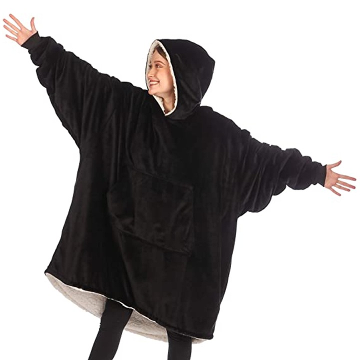 Одеяло с качулка Zenino - 2 в 1, качулка и ръкави, преден джоб, топло, подплатено, XXL, универсално, черно