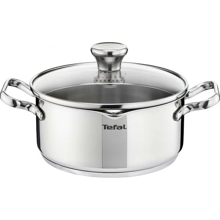 Тенджера Tefal Duetto+ с капак, 24 см, 4,7 л, неръждаема стомана/стъкло, сребриста