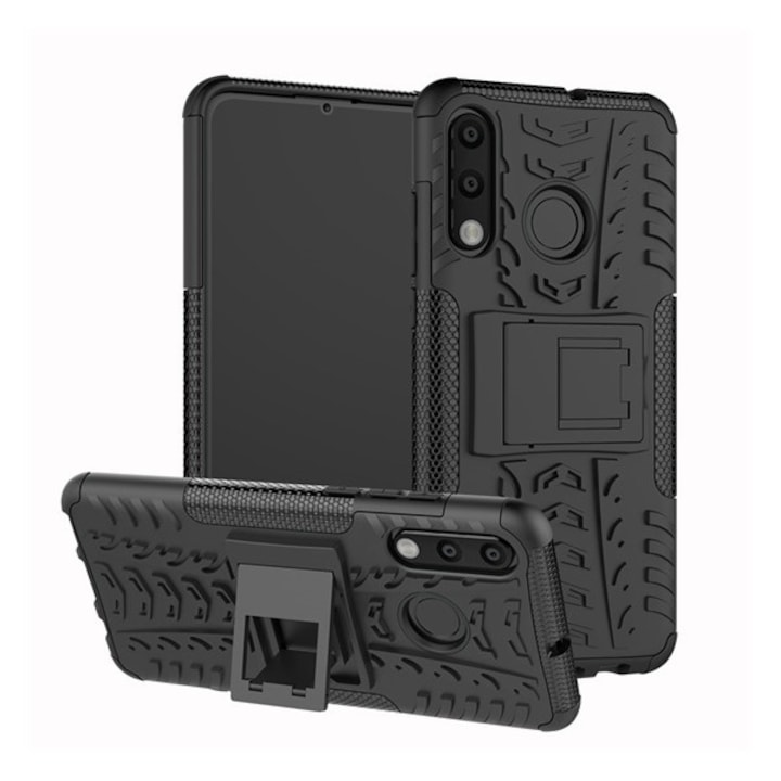 Mobiltelefon tok, kompatibilis, Huawei P30 Lite (Nova 4e) Gigapack defender műanyag telefonvédő (ütésállóság, szilikon belső, kitámasztó, autógumi) fekete, gigapack csomagolás