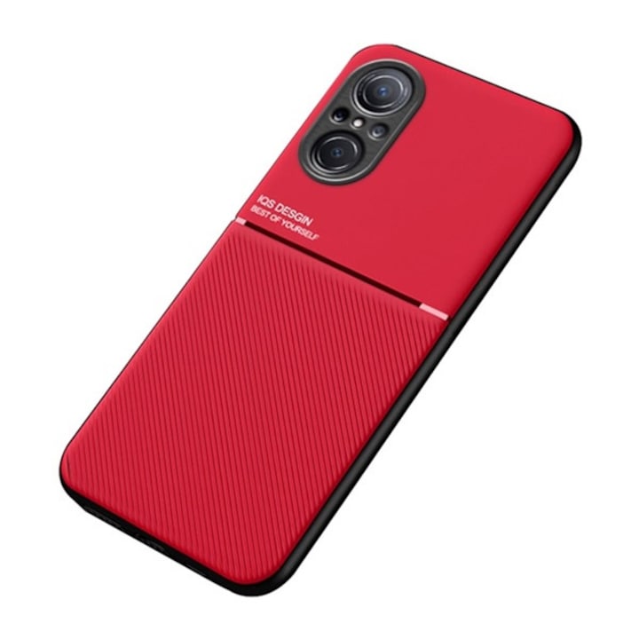 Калъф за мобилен телефон, съвместим, пластмасов протектор за телефон Huawei Nova 9 SE Gigapack (силиконова рамка, удароустойчив, магнитен, гръб с кожен ефект, райета) червен, гигапакетна опаковка