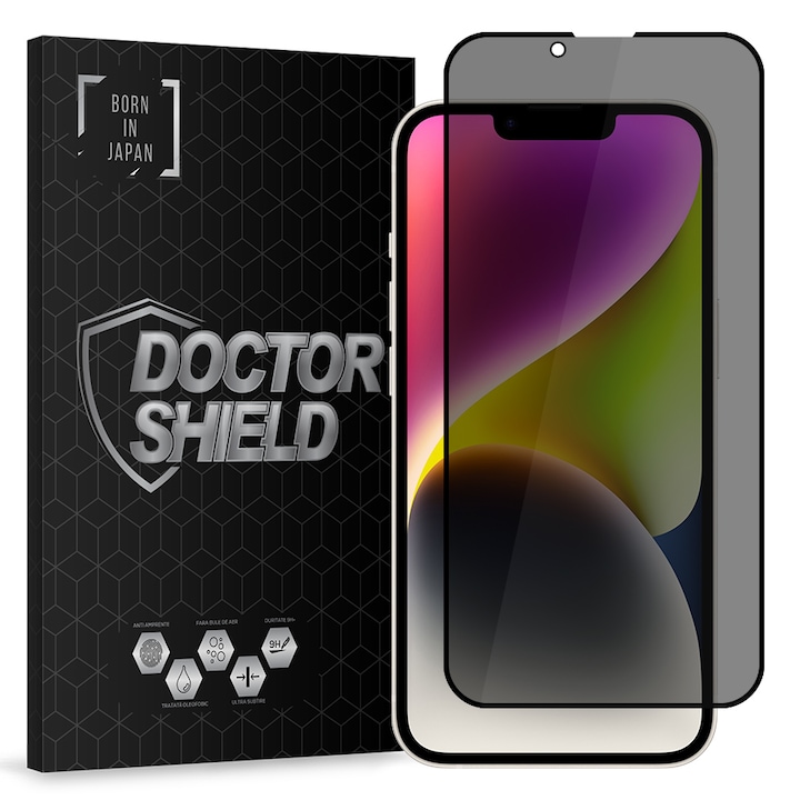 Folie Sticla Dr.Shield, Compatibil Apple iPhone 14, Protectie Profesionala 3D, Full Cover, Model Privacy