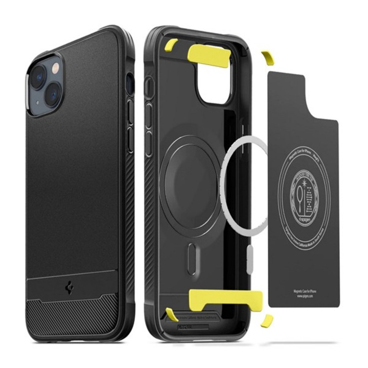 Apple iPhone 14 Spigen rugged armor szilikon telefonvédő (közepesen ütésálló, légpárnás sarok, karbon minta) fekete, ACS05036, gyártói csomagolás