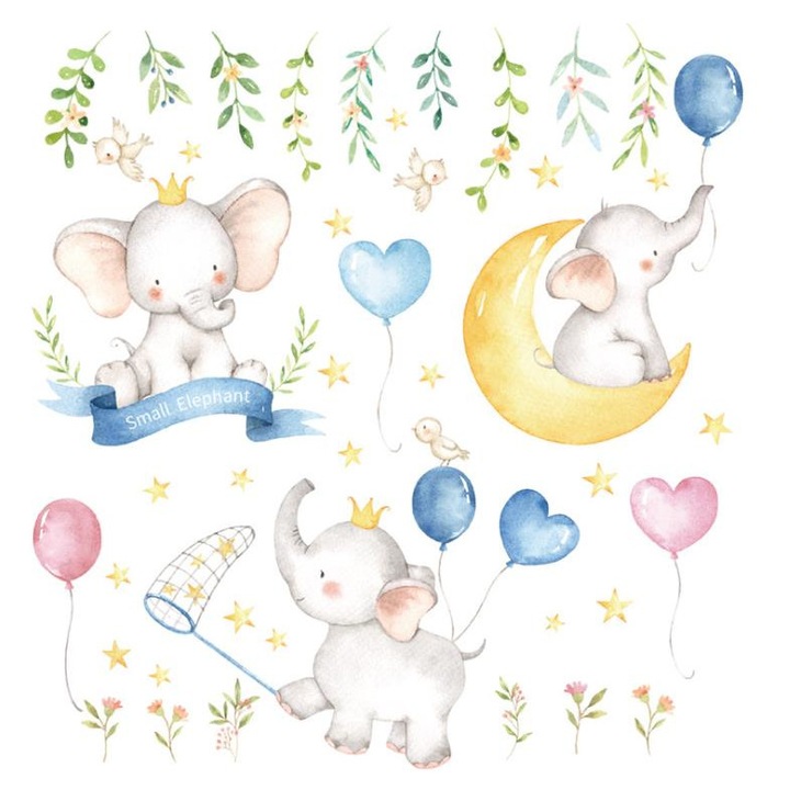 Sticker decorativ copii, ZYuuan, Model elefanti, Multicolor