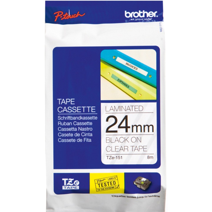 Brother TZE151 laminált címkék, fekete átlátszó alapon, 24mm