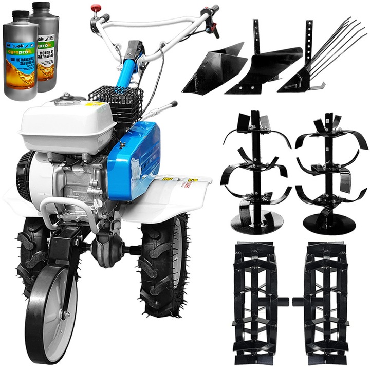 Set Motosapa AGT 5580 motor HONDA GP160 5.5CP + freza segmentabila 80 cm + roti cauciuc 4.00x8 + plug arat + plug bilonat profesinal + roti metalice + plug cartofi + Cadou 1l ulei motor + 1l ulei transmisie AgroPro