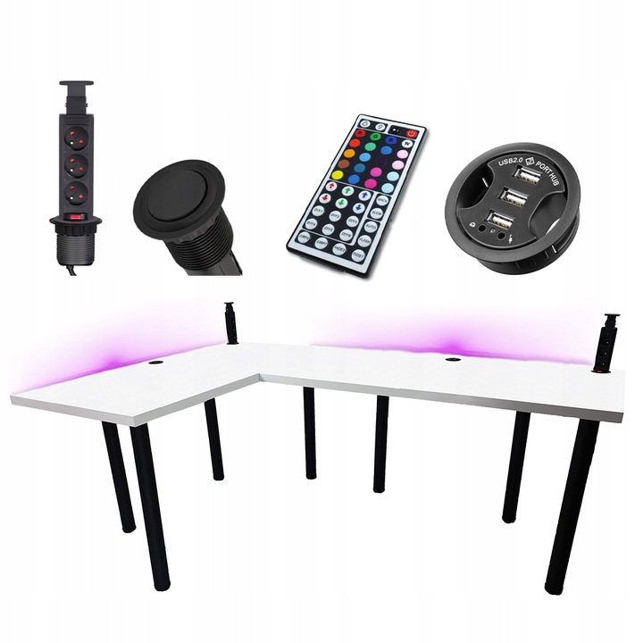 Геймърско бюро, 155004013, LED лента с дистанционно управление, регулируеми крака, ъглово, 202x136x66 см, бяло