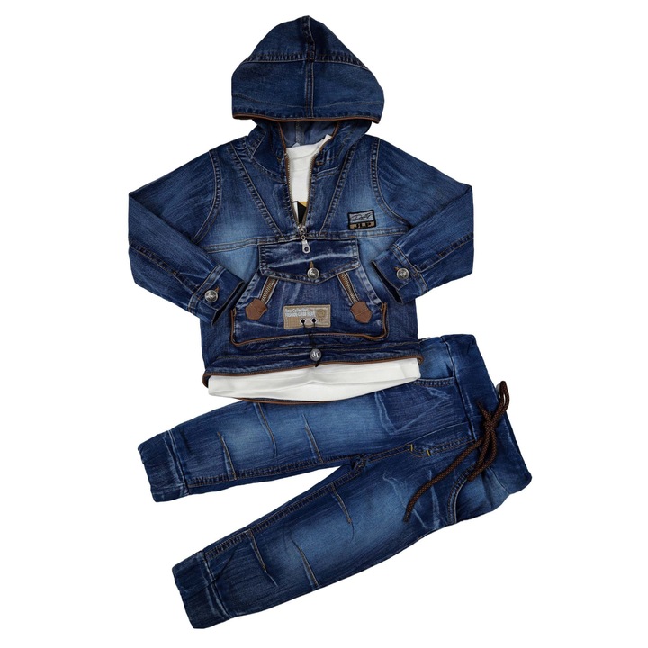 Compleu Baieti 3 Piese, Jacheta Denim Tip Hanorac, Bluza Maneca Lunga Si Blugi Maro, Denim