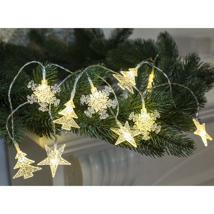 LED fényfüzér, Lightex, hópehely, csillag, karácsonyfa, 10LED 0.39W, WW, IP20 2xAA 1.5V 1.65m