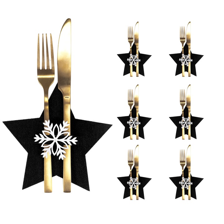 Karácsonyi evőeszköztartó huzat fekete csillag 6 db