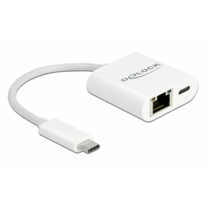 Adaptor, Delock, USB-C la RJ45 + USB-C 65402, 1000Mbps, 12 cm, Alb