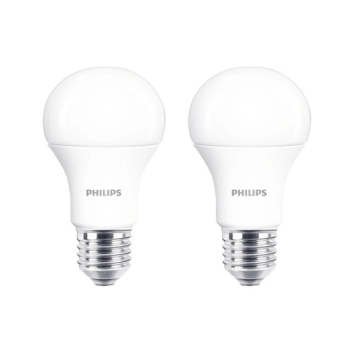 Set 2 bucati Bec LED Philips, E27, alb neutru, 4000K, 11 W, 1055lm, tip clasic, mat